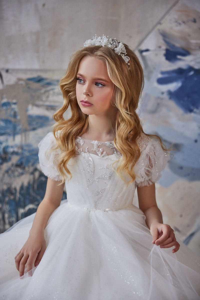 Puffed Sleeve Sparkly Princess Dress for Junior Bridesmaids- Mia Bambina Boutique
