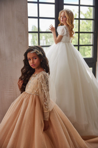 Puffed Sleeve Sparkly Princess Dress for Junior Bridesmaids - Mia Bambina Boutique