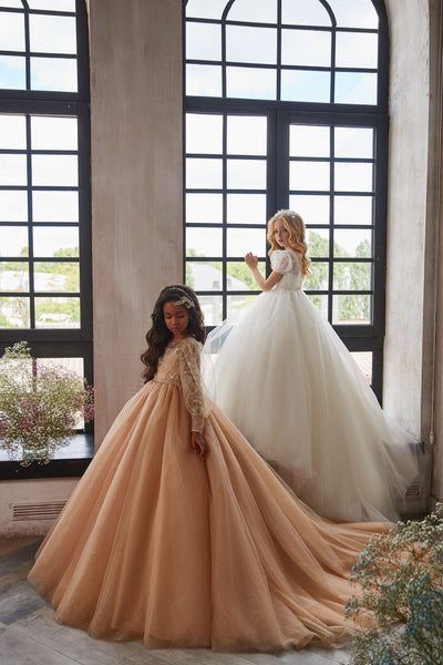Puffed Sleeve Sparkly Princess Dress for Junior Bridesmaids - Mia Bambina Boutique