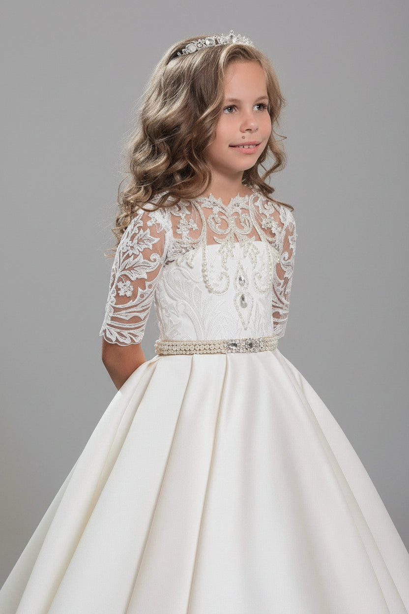 Elegant First Communion gown with illusion lace sleeves and crystal waistband - Mia Bambina Boutique