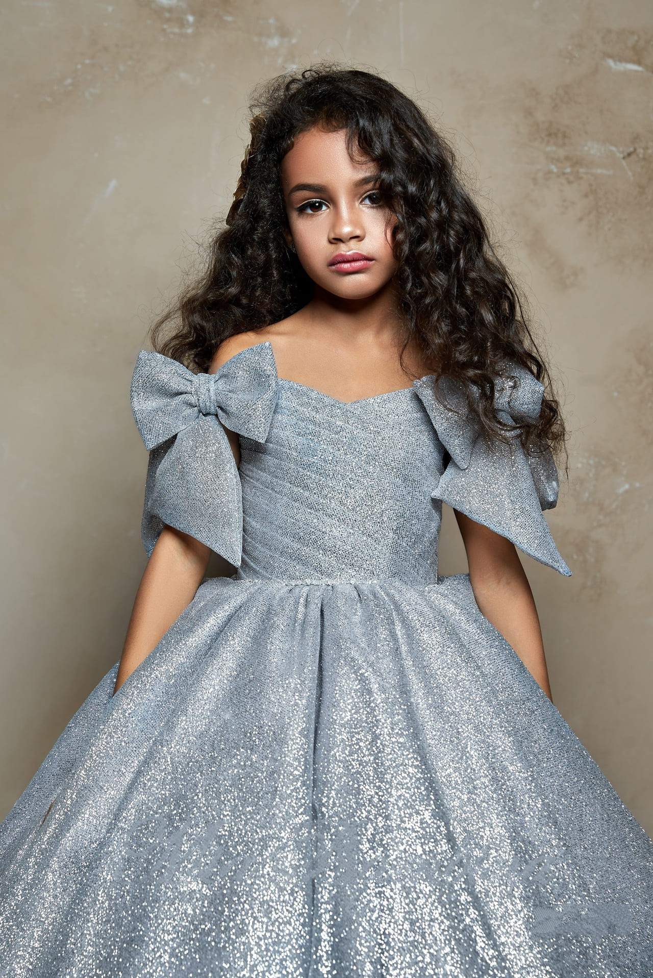 2311 Tina Girls Sparkly Glitter Tulle Ball Gown with Bows in Black or Silver - Mia Bambina Boutique