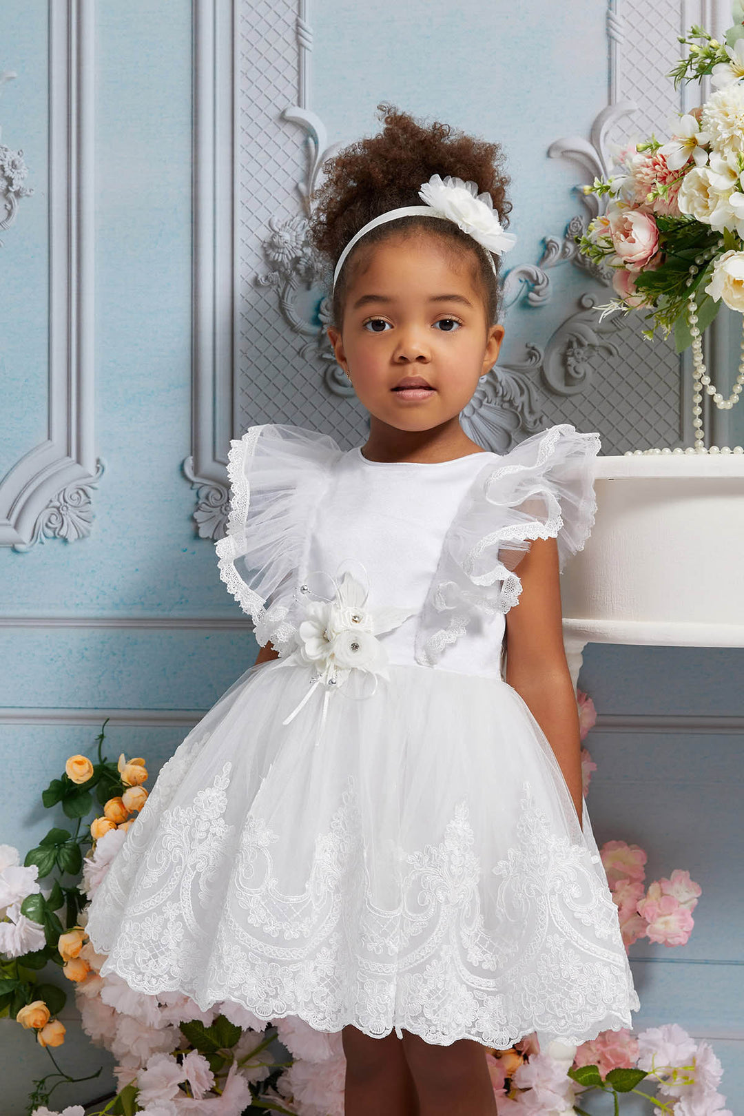 Olivia Toddler Lace Dress with Ruffle Sleeves Size 2T / Ivory