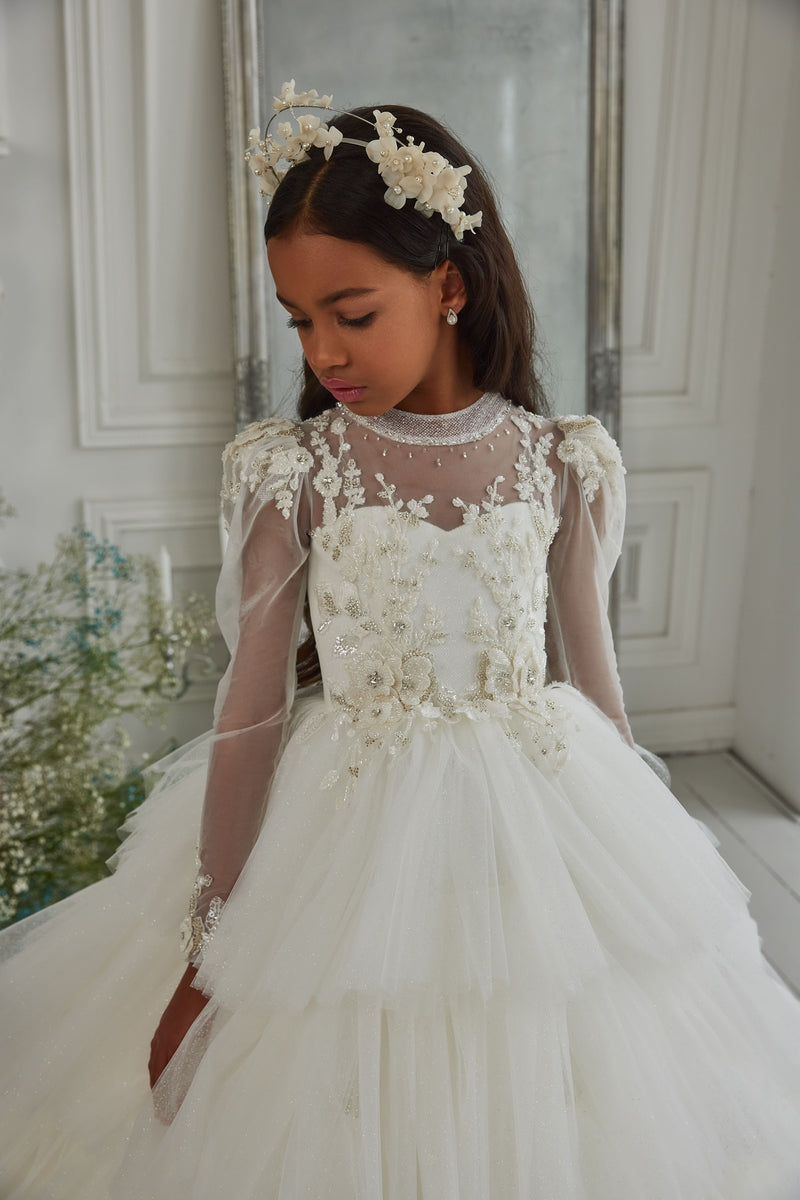 Victoria Chic Ruffled Junior Bridesmaid Gown with Sleeves by Mia Bambina Boutique Canada