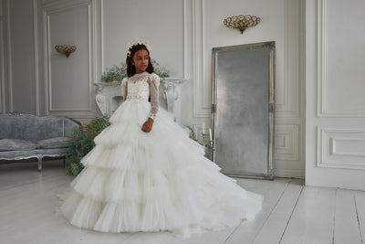 Victoria Chic Ruffled Junior Bridesmaid Gown with Sleeves by Mia Bambina Boutique Canada