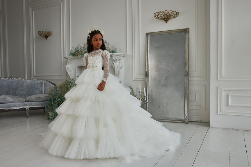 Victoria Chic Ruffled Junior Bridesmaid Gown with Sleeves by Mia Bambina Boutique Canada