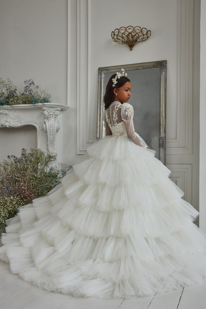 Victoria Chic Ruffled Junior Bridesmaid Gown with Sleeves by Mia Bambina Boutique Canada