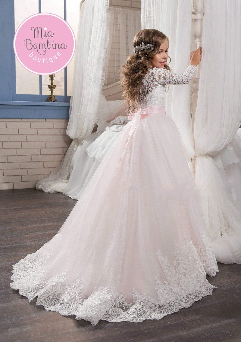 Minneapolis Long Lace gown with sleeves - Mia Bambina Boutique