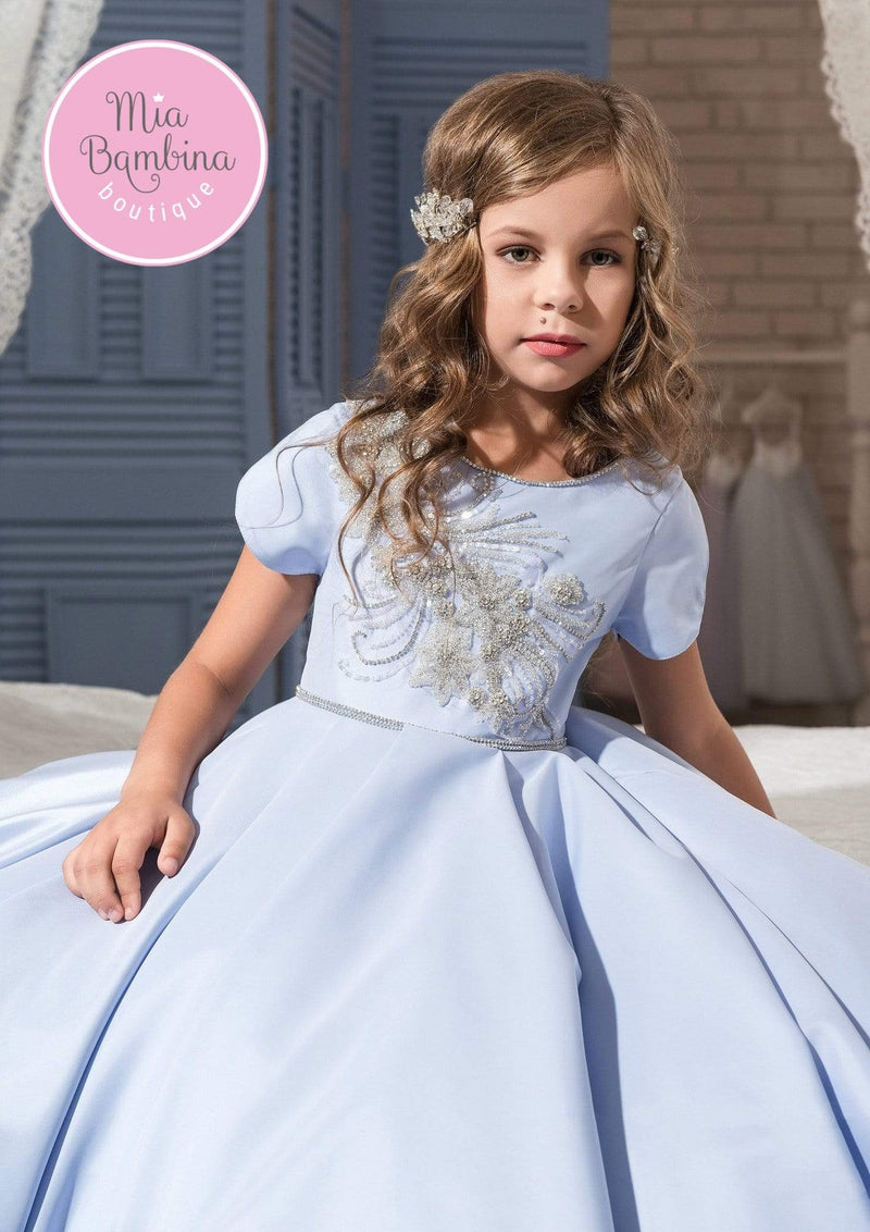 Montgomery - Wisteria Blue satin Princess dress for girls - Mia Bambina Boutique