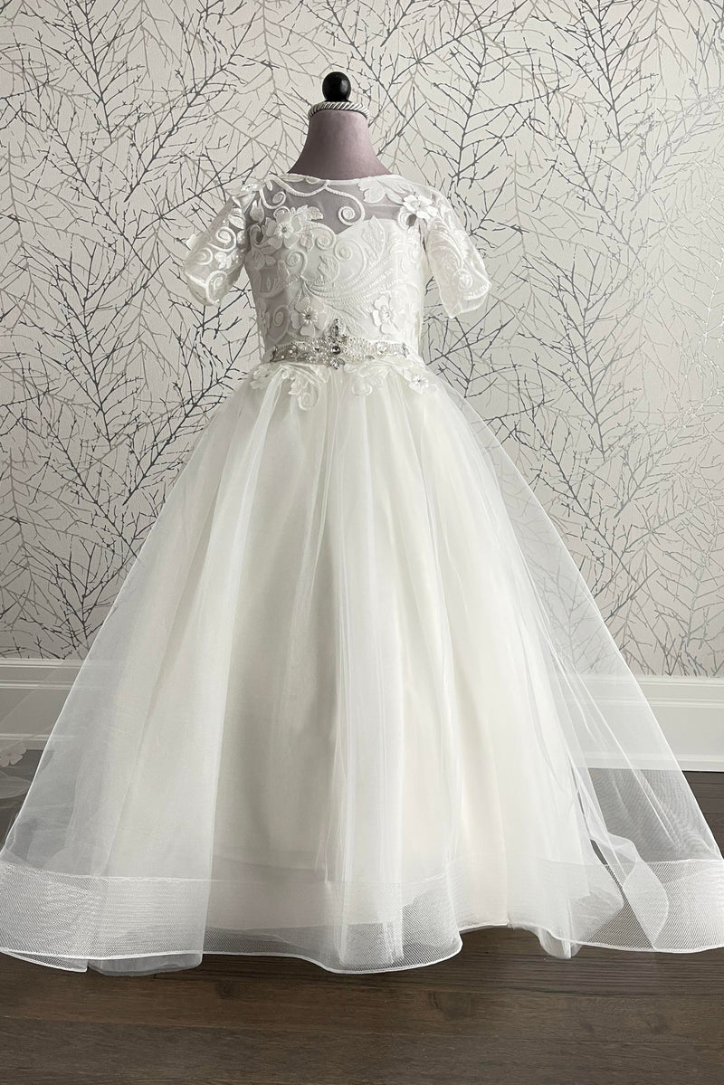 First Communion Dresses: Rachel - Tulle First Communion Dress with Sleeves in Size 7-8, 9-10,14/Ivory - Mia Bambina Boutique