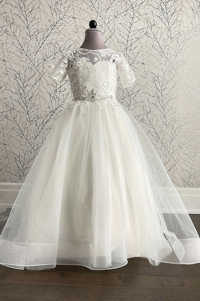 white or ivory for first communion dress white 1st communion dresses Fancy Ruched Pearl Top First Holy Communion Gown White Ivory Grandma's Little Darlings-parroquiadesanalbertomagno.com