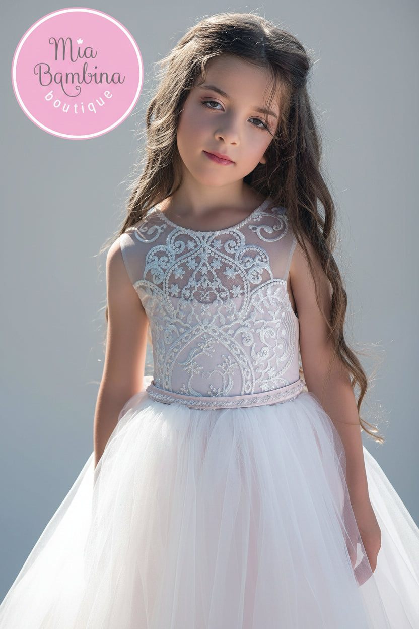 Abaowedding Ball Gown Lace-up First Communion Dress For Girls - Flower Embroidery Formal Dress