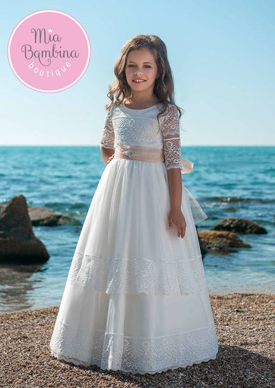 Wonderful First Communion Dress with Lace Sleeves - Mia Bambina Boutique