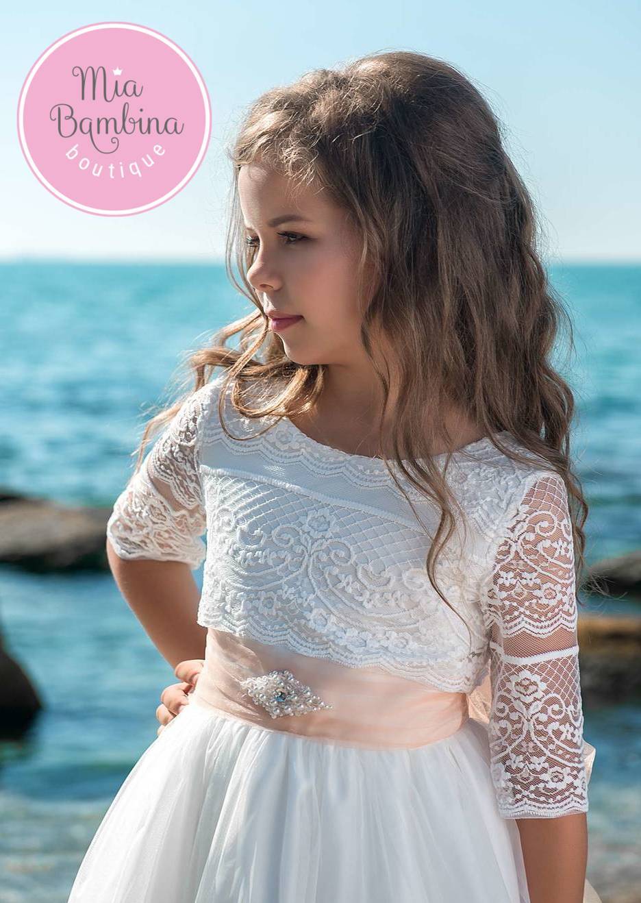 Wonderful First Communion Dress with Lace Sleeves - Mia Bambina Boutique
