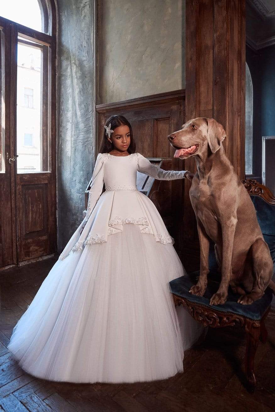 chiffon first communion dresses HAMILTON CHIFFON LONG TRAIN COMMUNION DRESS WITH SHEER FLORAL SLEEVES